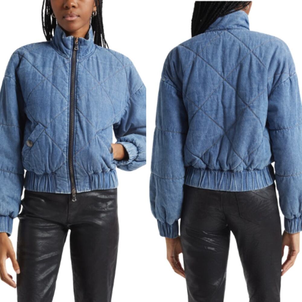 L'Agence Ryah Washed Denim Quilted Bomber Jacket Blue Size: Extra Small